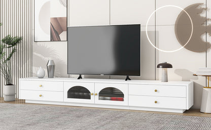 ON-TREND Luxurious TV Stand with Fluted Glass Doors, Elegant and Functional Media Console for TVs Up to 90'', Tempered Glass Shelf TV Cabinet with Multiple Storage Options, White