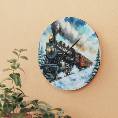 Steam Train Sunny Snowy Day Acrylic Wall Clock