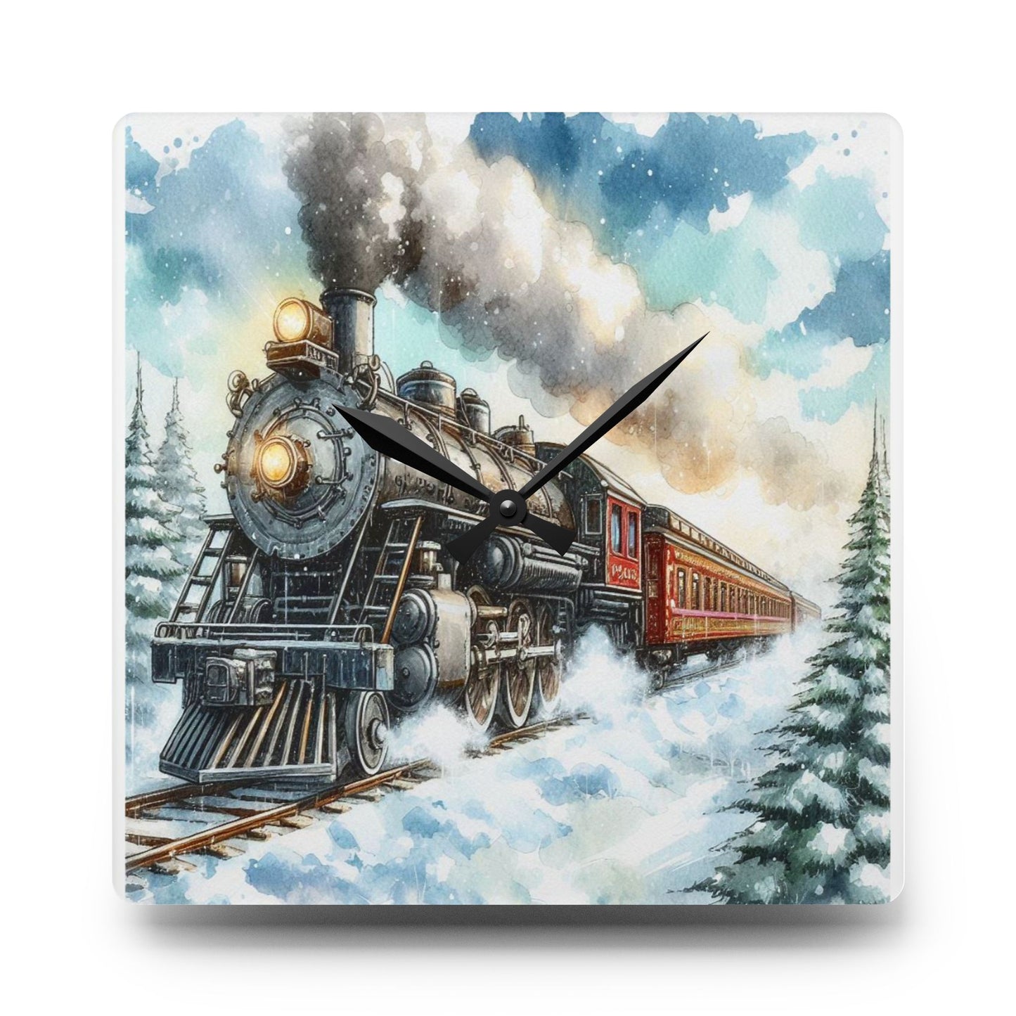 Steam Train Sunny Snowy Day Acrylic Wall Clock