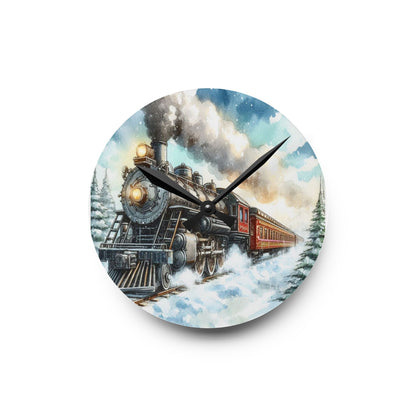 Steam Train Sunny Snowy Day Acrylic Wall Clock