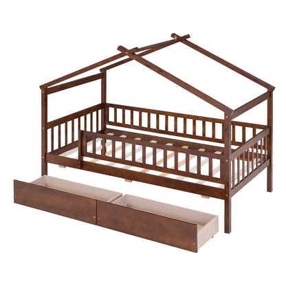 Twin Size Wooden House Bed with Two Drawers, Walnut
