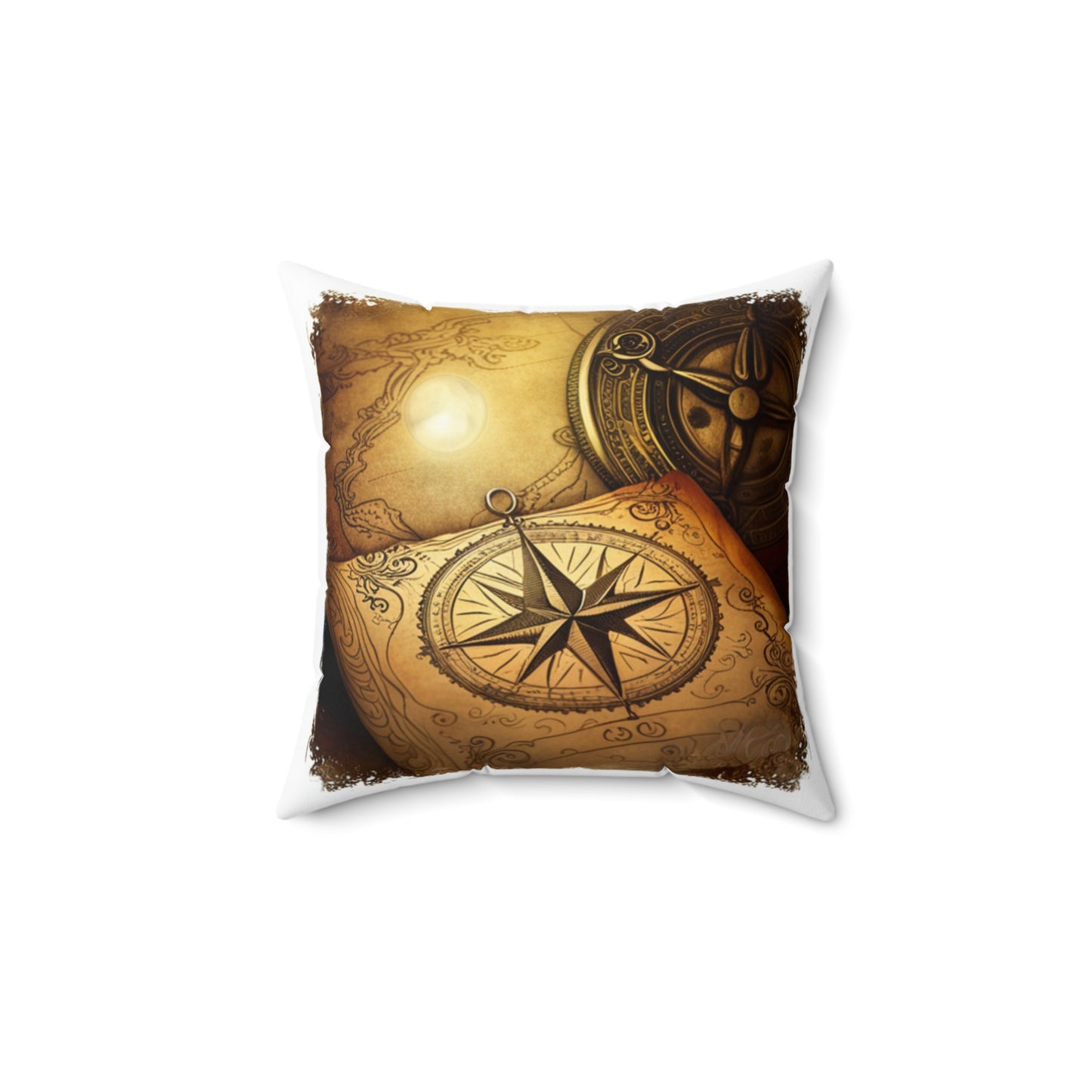 Vintage Compass Rose and Map Spun Polyester Square Pillow