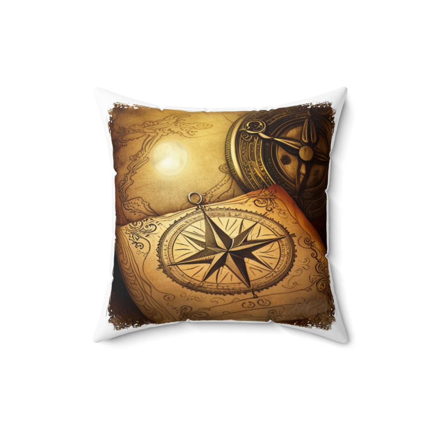 Vintage Compass Rose and Map Spun Polyester Square Pillow