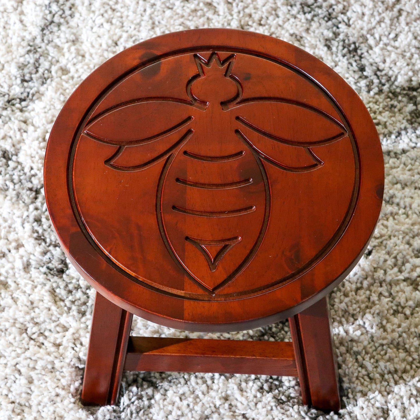 Modern Hobbit Queen Bee Carved Wooden Step Stool in Cherry