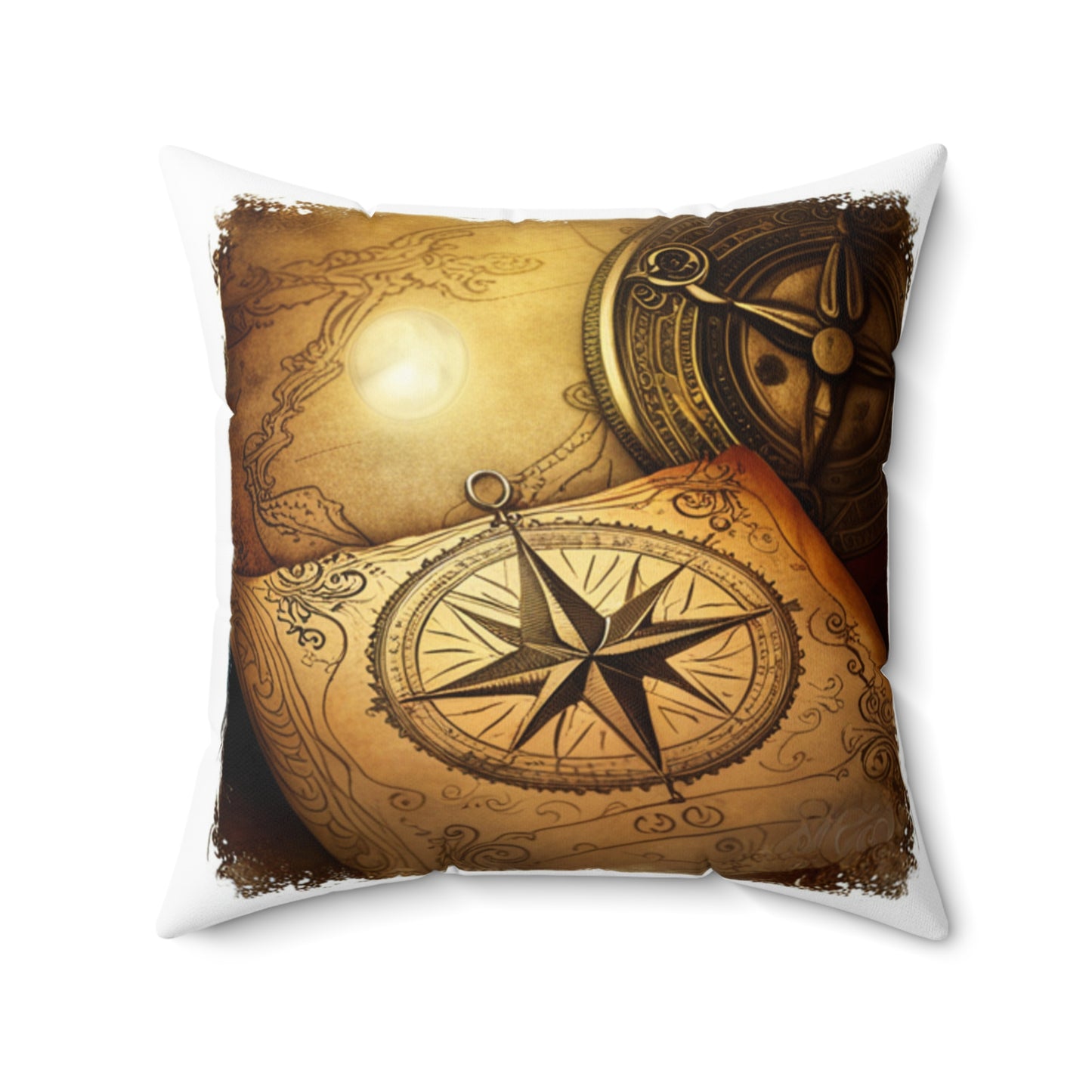 Vintage Compass Rose and Map Spun Polyester Square Pillow