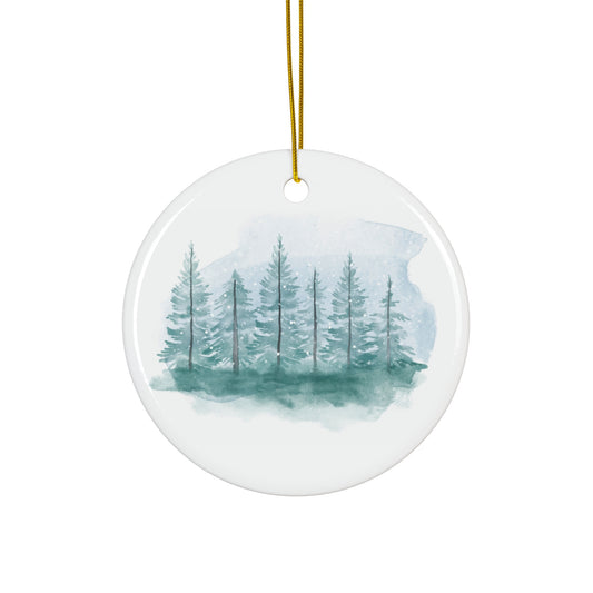 Watercolor Christmas Forest Ceramic Ornament, 2 Shapes