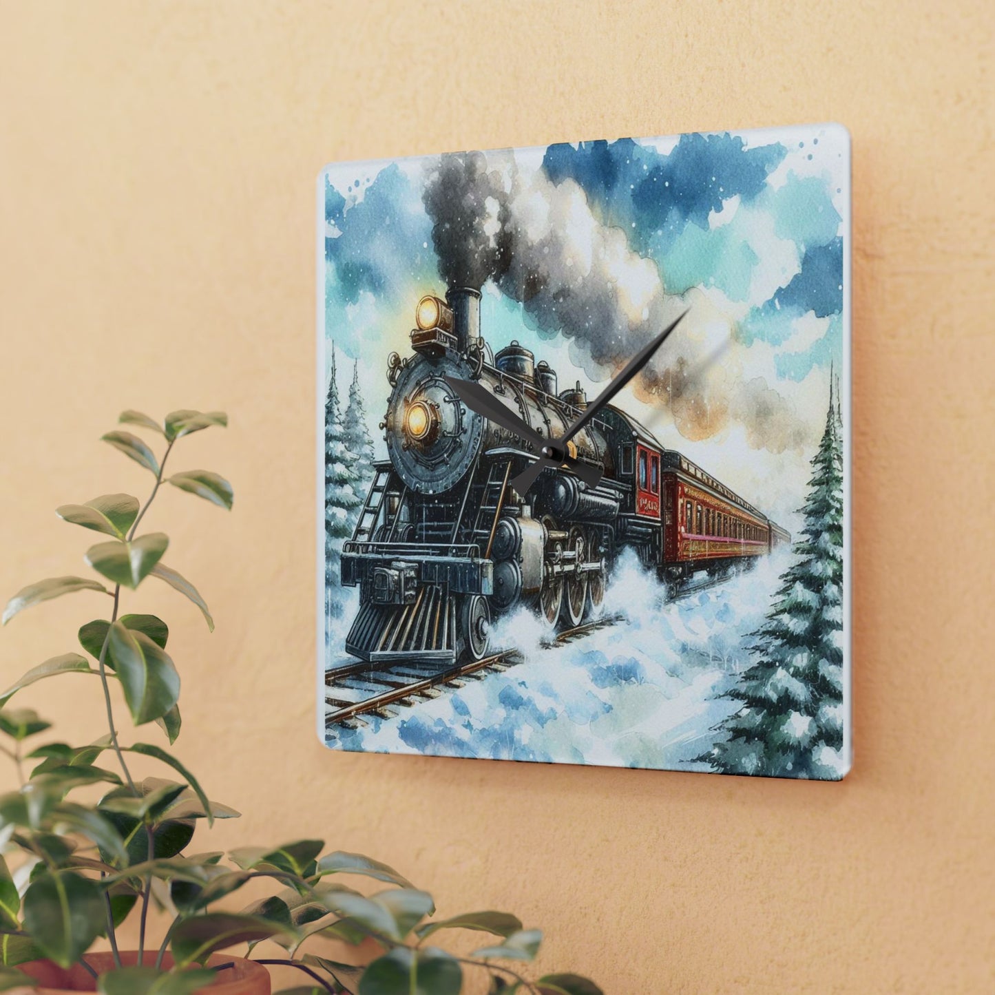 Steam Train Sunny Snowy Day Acrylic Wall Clock