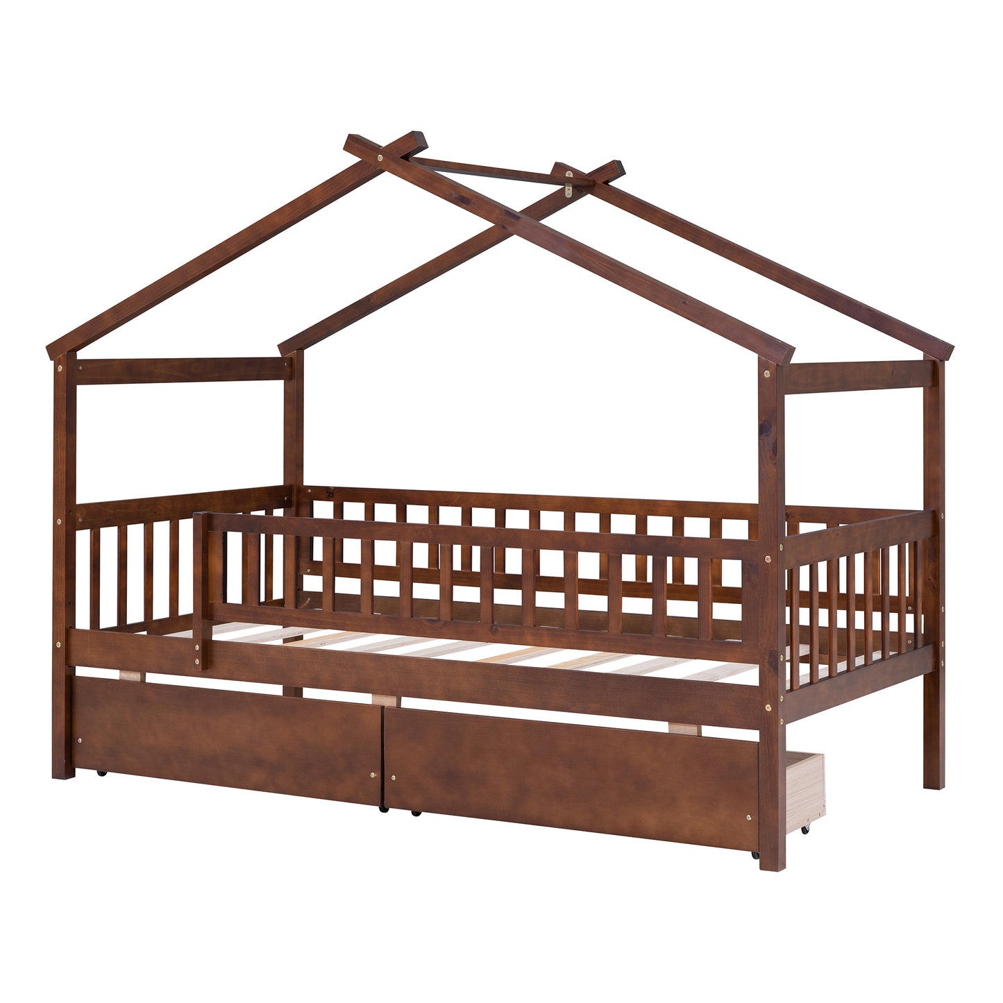 Twin Size Wooden House Bed with Two Drawers, Walnut