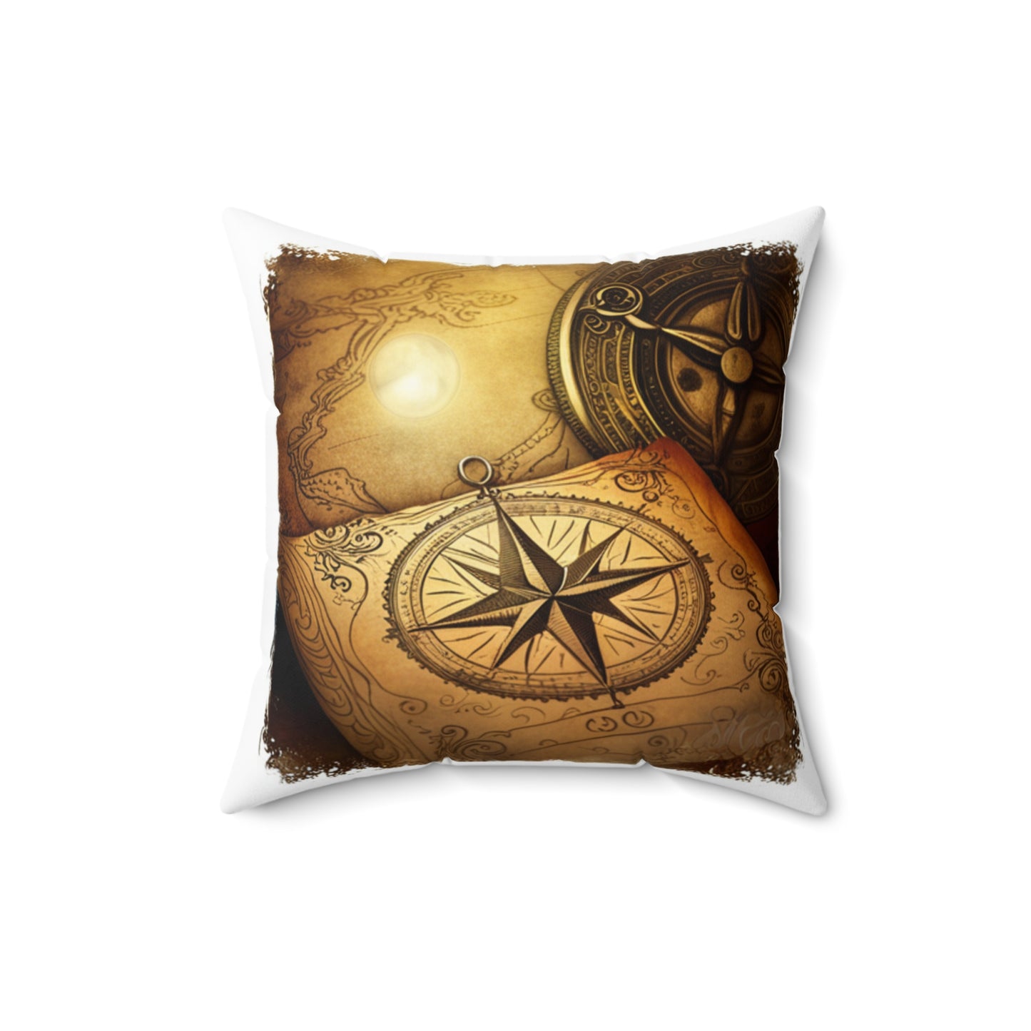 Vintage Compass Rose and Map Spun Polyester Square Pillow