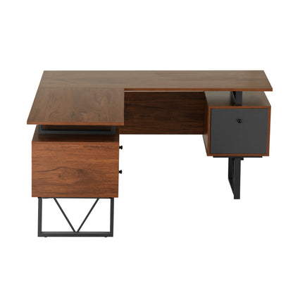 Techni Mobili Reversible L-Shape Computer Desk with Drawers and File Cabinet, Walnut