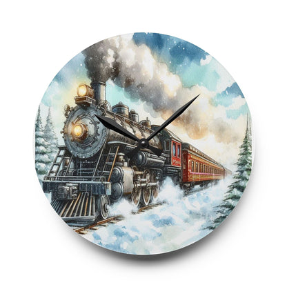 Steam Train Sunny Snowy Day Acrylic Wall Clock