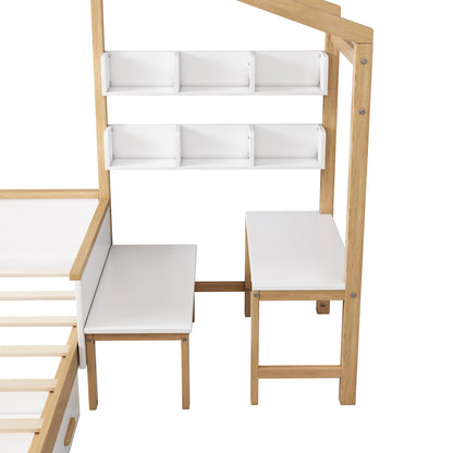 Full Size Wooden House Bed White and Original Wood Colored Frame with Drawer, Desk and Bookshelf for Children or Guest Room