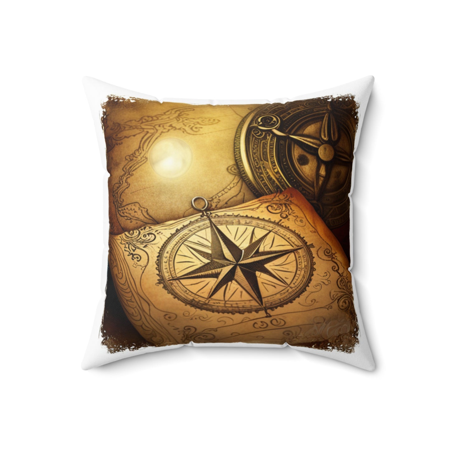 Vintage Compass Rose and Map Spun Polyester Square Pillow