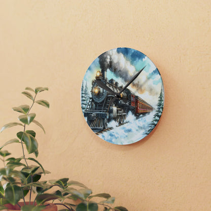 Steam Train Sunny Snowy Day Acrylic Wall Clock