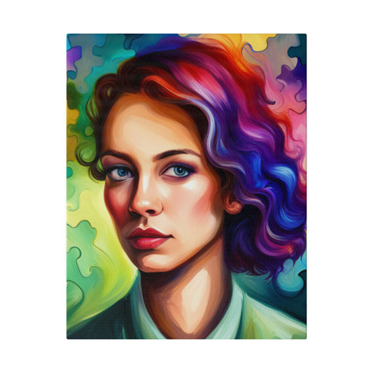 Rainbow Haired Lady with Rainbow Puzzle Pieces Matte Canvas, Stretched, 0.75"