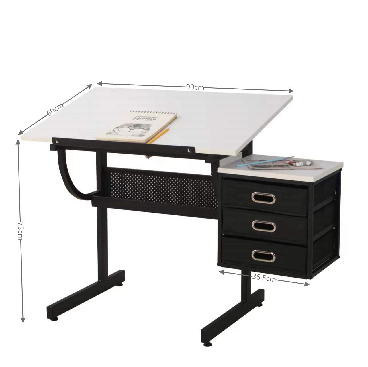 White adjustable drafting drawing table with stool and 3 drawers