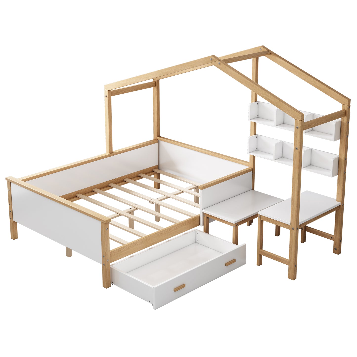 Full Size Wooden House Bed White and Original Wood Colored Frame with Drawer, Desk and Bookshelf for Children or Guest Room